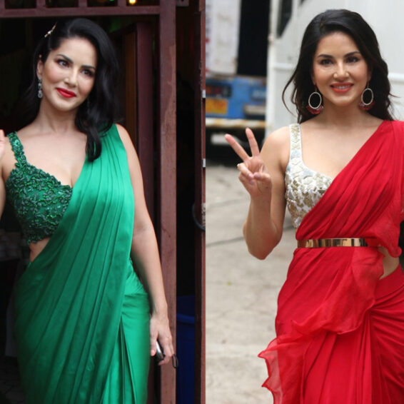 10 Top Sunny Leone Photos in Red and Blue Sarees