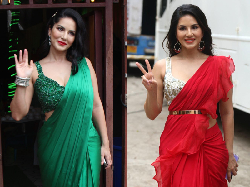 10 Top Sunny Leone Photos in Red and Blue Sarees